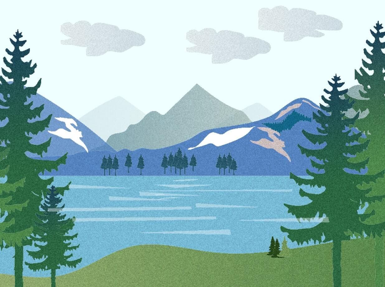 Jeunes engagés dans un paysage de forêts et de lacs